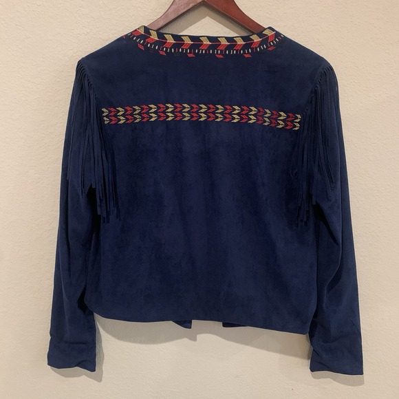 Bojo Western Style Aztec Embroidered Fringe Jacket-Suede Look Navy Blue- Size M - Picture 9 of 16